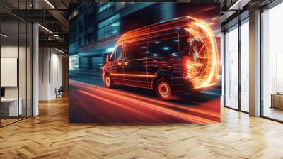 High-speed logistics van with wheels on fire, cutting through city traffic, a symbol of fast and reliable delivery services Wall mural