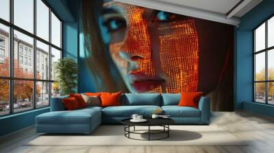 High-tech facial recognition grid projected onto a young woman's face, glowing softly in the darkness, sharp digital lines, modern cyber aesthetic Wall mural