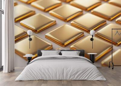 Luxurious gold bars lying flat on a white surface, arranged in a pattern with soft light, minimalistic and sophisticated Wall mural