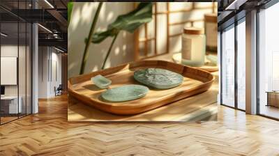 Luxurious spa beauty salon with two jade scrapers and a gua sha tool displayed on a wooden tray, minimalist design, spa concept Wall mural