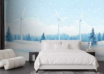 Majestic wind turbines dot the green expanse beneath a vibrant sunrise sky, watercolor textures capturing the peaceful yet dynamic energy of the scene Wall mural