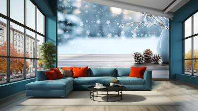 Modern empty dining table, panoramic winter window view, soft snowflakes drifting, serene wintery outdoor scene, perfect for winter ad campaigns Wall mural