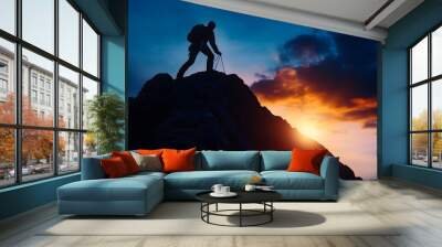 mountain peak, challenge, adventure, determination, natural beauty, close up, focus on, copy space, cool tones, dramatic lighting, Double exposure silhouette with a climber Wall mural