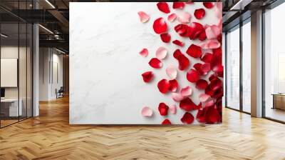 Overhead shot of red and pink rose petals randomly spread on a marble surface, on solid white background, single object Wall mural