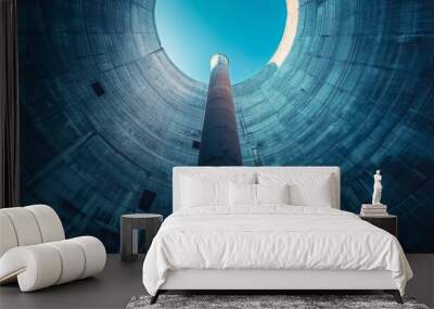 Perspective from inside a cooling tower, gazing up at the blue sky, highlighting the industrial design and vertical lines Wall mural