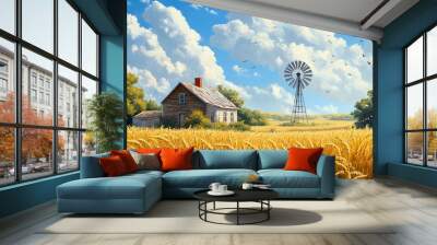 Rustic farmhouse with a windmill, golden wheat swaying in the breeze, birds flying in the clear blue sky, Realism, Matte painting, vibrant earth tones, wide landscape Wall mural