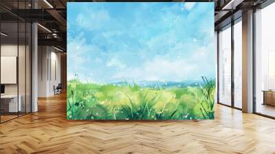 Soft watercolor of a tranquil meadow under a clear blue sky, gentle breezes stirring the grass, conveying peace and calm Wall mural