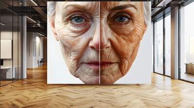 Split-view of a facelift's impact on skin aging, showing wrinkle reduction and skin tightening around eyes and mouth, Digital Illustration, Subtle Shading Wall mural