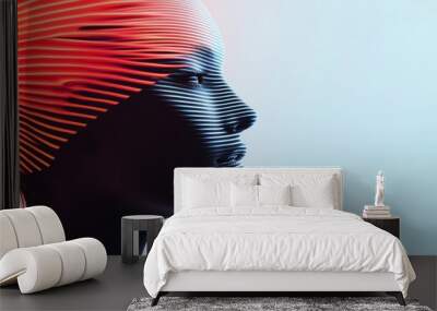 Surreal double exposure of a human face blended with abstract neon geometric patterns, emitting a radiant, otherworldly vibe Wall mural