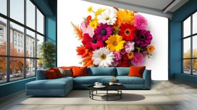 Top-down view of a circular bouquet of assorted spring flowers on a solid white background, vibrant mix, ideal for festive designs, single object Wall mural