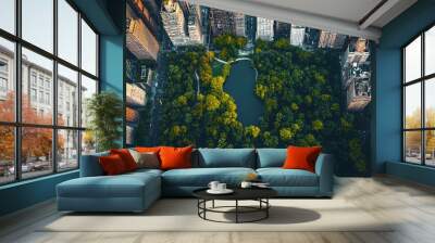 Top-down view of a modern city with a massive central park, where urban life meets serene nature, pathways crisscross lush greenery amidst towering buildings Wall mural