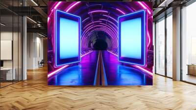 Two blank advertising banners in a modern underground tunnel, illuminated by neon lights, futuristic design, soft blue glow, photorealistic, 3D render, minimalist background Wall mural