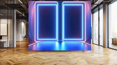 Two blank advertising banners in a modern underground tunnel, illuminated by neon lights, futuristic design, soft blue glow, photorealistic, 3D render, minimalist background Wall mural