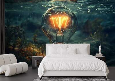 Underwater scene with a radiant light bulb shining brightly, representing the birth of ideas from profound depths of thought Wall mural