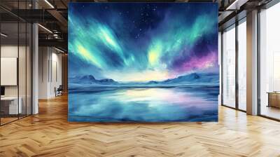 Vibrant Northern Lights dancing across the Arctic sky, casting surreal green and violet reflections on ice fields, in dreamy watercolor, ethereal mood, soft brush strokes Wall mural