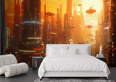 Vibrant orange futuristic city, 3D illustration, glowing with neon light effects, showcasing cutting-edge architecture and hovering vehicles Wall mural