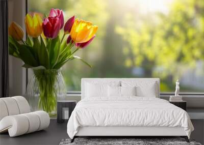 Vibrant tulips in a glass vase, placed on a windowsill with sunlight, isolated on white background Wall mural