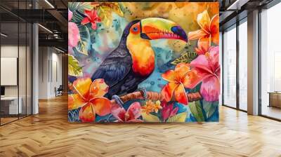 Watercolor depiction of a colorful toucan sitting amidst tropical flowers, the vivid colors ideal for stimulating a child's visual senses Wall mural