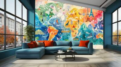 Watercolor of a vibrant world map with playful icons marking famous landmarks, paired with alphabet letters to introduce geography and literacy Wall mural