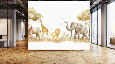 Watercolor safari growth chart, with a parade of elephants, giraffes, and lions, ideal for a child's room with an animal theme Wall mural