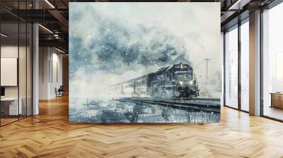 Watercolor scene of a diesel train cutting through a blizzard, the harsh weather conditions rendered in stark whites and grays against the dark train silhouette Wall mural