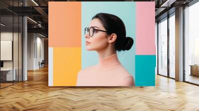 Young Asian woman in casual business attire, brainstorming in a vibrant creative studio, surrounded by colorful art and design, confident and professional Wall mural