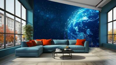 Abstract digital illustration of earth with a blue global network, symbolizing worldwide connectivity Wall mural