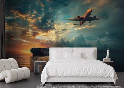 Airplane flying over container ship sailing on the ocean at sunset, global logistics concept Wall mural