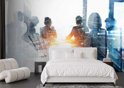 Background concept with business people silhouette at work. Double exposure and light effects Wall mural