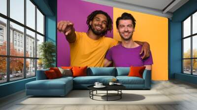 Blank and white friends. Concept of integration, union and partnership. Yellow and violet background Wall mural