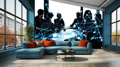 Business people collaborate together in office. Internet connection effects. Double exposure effects. Wall mural