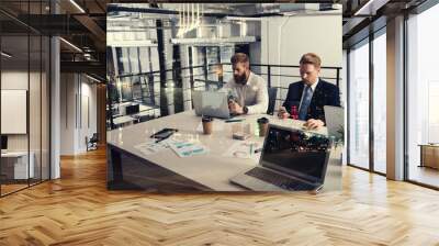 Business people that work together in office at the night. Concept of teamwork and partnership. double exposure Wall mural