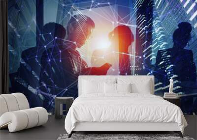 Business person in office connected on internet network. concept of startup company. Double exposure Wall mural