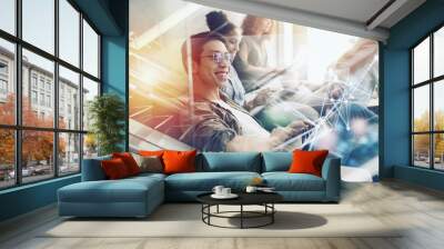 Businessman in office connected on internet network. concept of startup company. Double exposure Wall mural