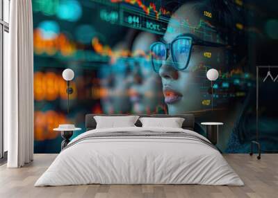 Businesswoman looks for new trading opportunities. Generative AI Wall mural