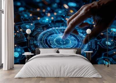 Close-up of a hand engaging with a cutting-edge holographic digital interface on a dark backdrop Wall mural