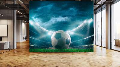 Close up of a soccer ball in the center of the stadium illuminated by the headlights Wall mural