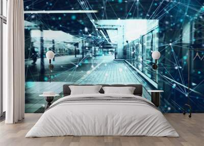 Concept of communication and technology. Modern architecture with light and network effects Wall mural