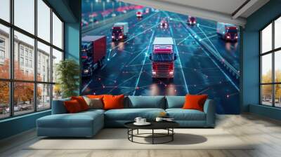 Conceptual image of trucks on a smart global network illustrating fleet management and logistics Wall mural