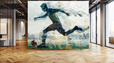 Double exposure of a Soccer player ready to kick the soccerball at the stadium. Generative AI Wall mural