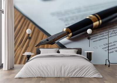 Elegant fountain pen lying on contract on desk ready for signing Wall mural