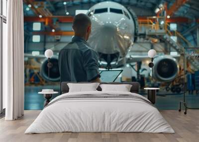 Engineer with a clipboard oversees the construction of an aircraft in a hangar Wall mural