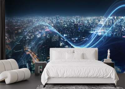 Fast connection in the city at night. Abstract technology background. Wall mural