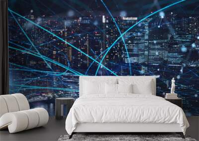 Fast connection in the city at night. Concept of social network and internet network Wall mural