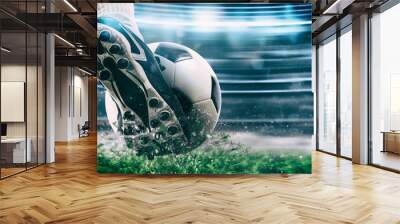 Football scene at night match with close up of a soccer shoe hitting the ball with power Wall mural