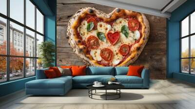 Heart shaped pizza with tomatoes and basil on wooden table Wall mural