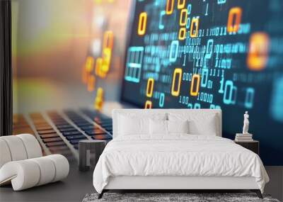 Laptop showing flowing binary code on screen Wall mural