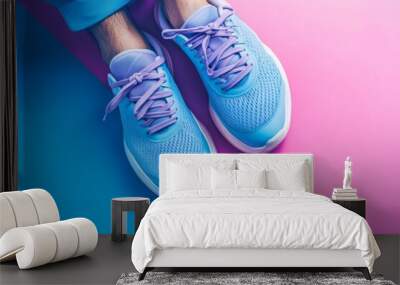 Man wearing blue sneakers and blue pants on a geometric pink and blue background Wall mural