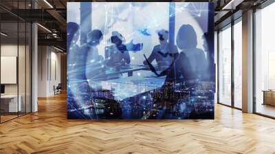 Network background concept with business people silhouette and city skyline at night. Double exposure and network effects Wall mural