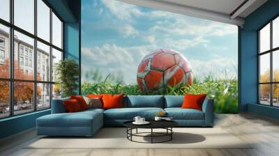 Old and worn soccer ball resting on lush green grass under a cloudy sky Wall mural